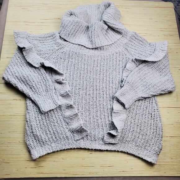 EXPRESS Light Grey Cowl Neck Ruffled Sweater - Picture 2 of 10